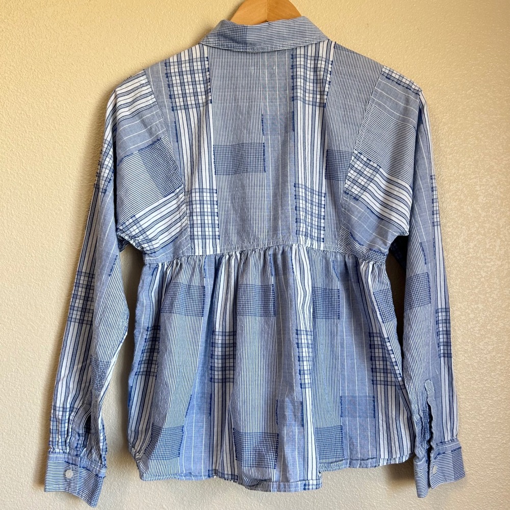 Vintage Anthropologie Shirt Size 2 Blue White Patchwork Quilt Striped Boho Beach - Picture 3 of 10